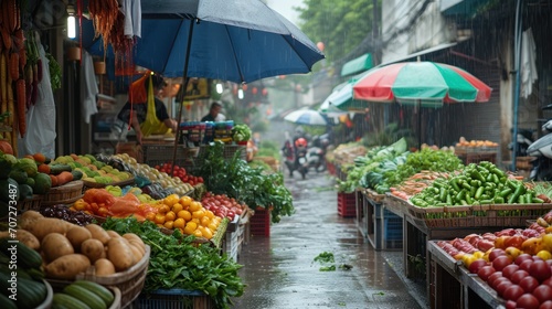 Generative AI, Traditional oriental asian market with fruits and vegetables under the rain with umbrellas photo