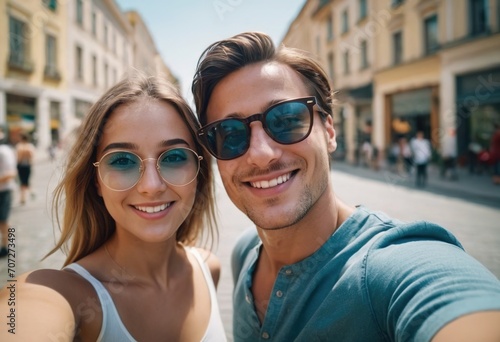 a happy couple, a guy and a girl of European origin, smile at the camera while walking through the streets of the city, a guy and a girl with glasses take a selfie, the journey of a couple in love 
