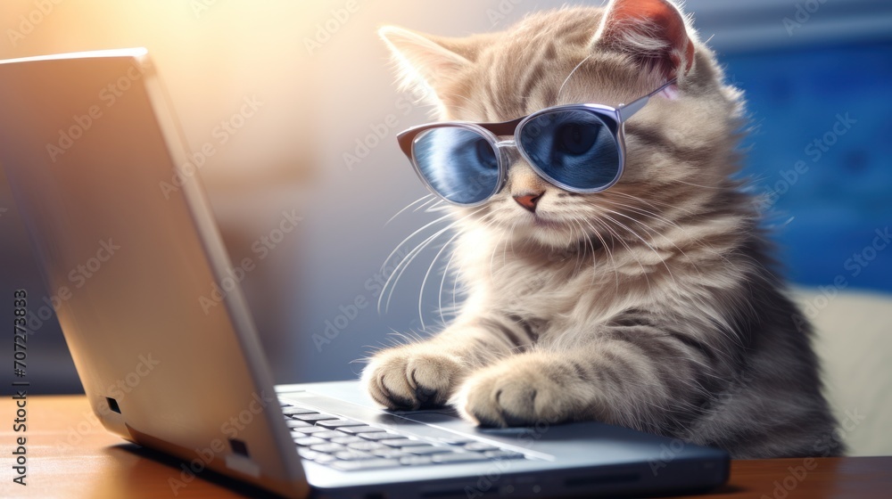 Fototapeta premium Funny cat with sunglasses diligently working on a computer, a cute kitten in a freelance office setting