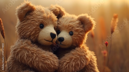 A charming scene of toy bears hugging in nature, creating a heartwarming embrace perfect for Valentine's Day or expressing friendship. © ProPhotos