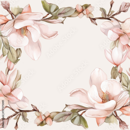 watercolor frame of magnolia flowers and leaves.