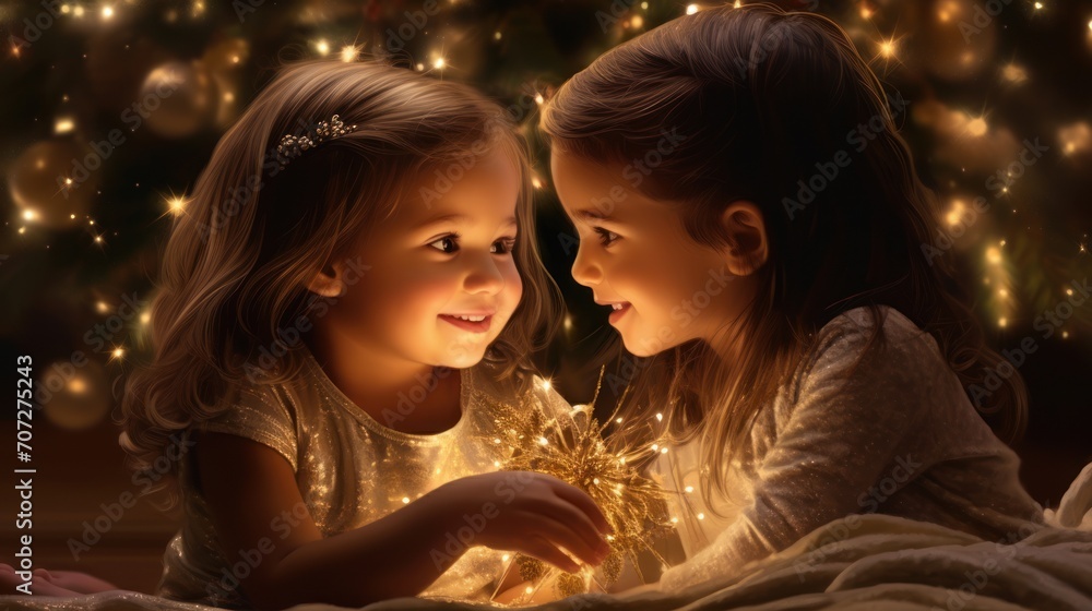Christmas magic unfolds in this heartwarming scene of family joy with two sisters sharing secrets amid the festive glow of holiday lights. Christmas magic unfolds in this heartwarming scene of family joy with two sisters sharing secrets amid the festive glow of holiday lights.