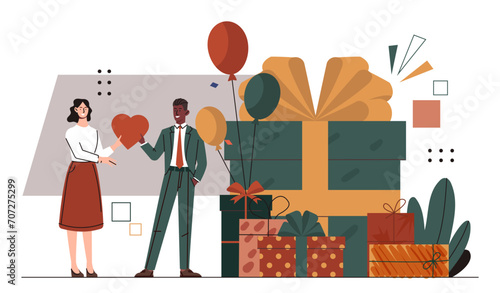 Friends celebrate birthday. Man and woman near gift boxes and colorful air balloons. Presents and surprises. Annual event, holiday and festival, party. Cartoon flat vector illustration