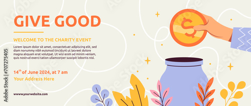 Fundraising event banner. Landing page design. Hand with golden coins near glass jar. Financial literacy and economy, investing. Ssavings and budget. Cartoon flat vector illustration