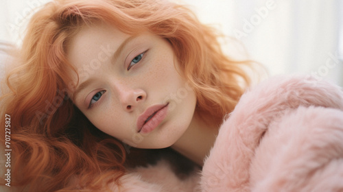 Portrait of a beautiful young woman with red hair in a pink fur coat