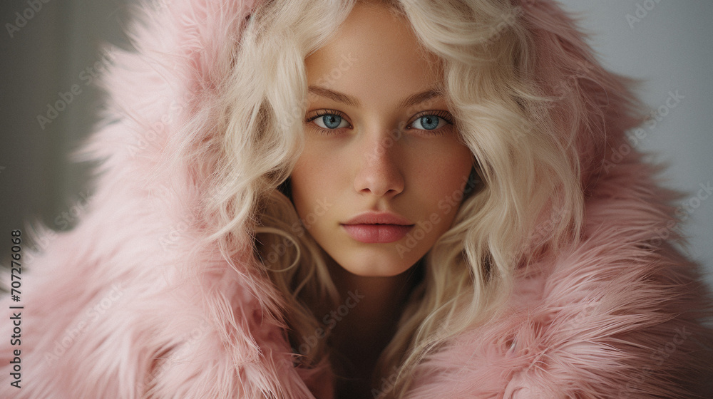 Portrait of a beautiful young woman in a pink fur coat . Portrait of a beautiful young woman in a pink fur coat .