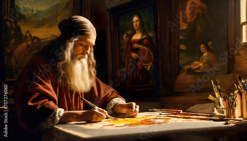 Renaissance Era Concept: Inspired Senior Leonardo da Vinci Painter Adding Details to his Painting on Canvas Mona Lisa.. Professional beardedc Artist in his Art Studio Painting his Next Masterpiece. photo