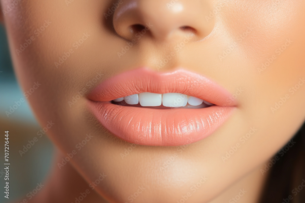 Fototapeta premium Close-up of beautiful female lips. Peach fuzz lipstick,, gloss,open mouth. Trending color 2024.. Makeup. Beautiful model skin. Sexy plump lips.