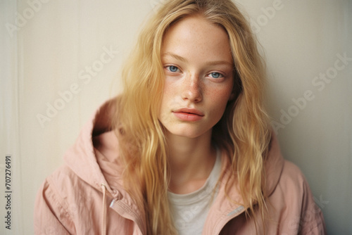 Portrait of a teenage girl with freckles on her face