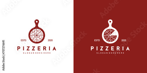 Creative Pizzeria Logo. Cutting Board Slice Pizza Italian Food Hipster Vintage Retro Stamp. Restaurant Logo Icon Symbol Vector Design Template.