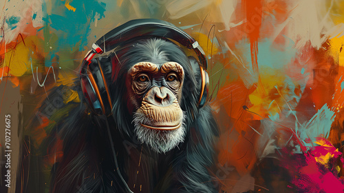 Portrait of a party monkey ape with headphones