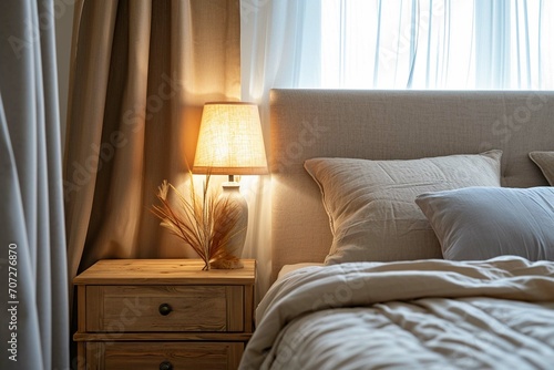 Wooden bedside drawer nightstand near bed with beige fabric headboard. Scandinavian, French country interior design of modern bedroom.