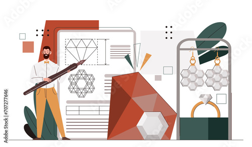 Jeweler man concept. Young guy with golden ring and red diamond, earrings. Character with accessory. Elegance and aesthetics. Cartoon flat vector illustration isolated on white background