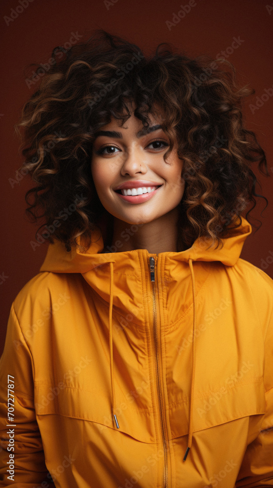 Beautiful african american woman in yellow jacket on brown background Beautiful african american woman in yellow jacket on brown background