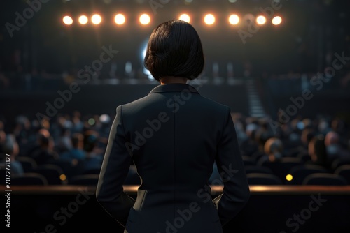 A professional woman wearing a suit standing confidently in front of a large crowd. Suitable for business presentations and public speaking events