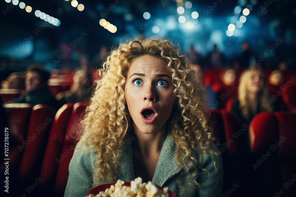 Wide angle close portrait of curly blonde girl scared or surprised by movie while eating popcorn in cinema