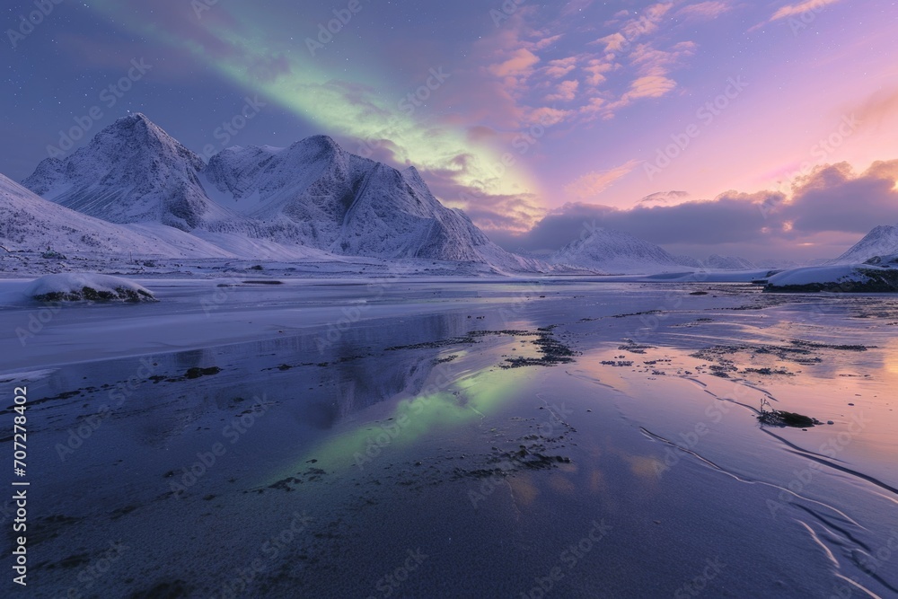 Naklejka premium Aurora lights shining brightly in the sky above the mountains. Perfect for nature and landscape photography
