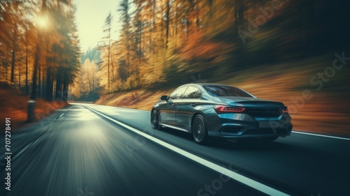closeup of new car driving on winding country road with a motion blur background cool tones