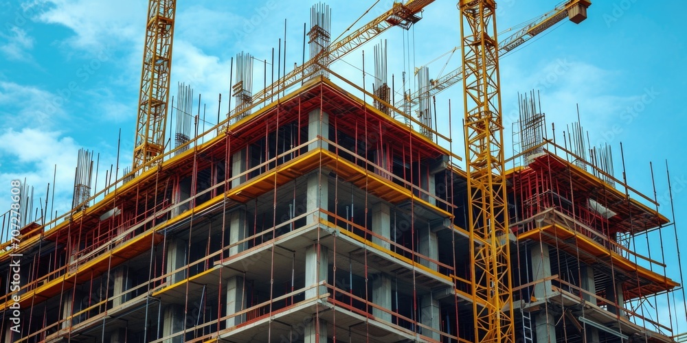 A large building with a variety of construction equipment on top. This image can be used to illustrate a busy construction site