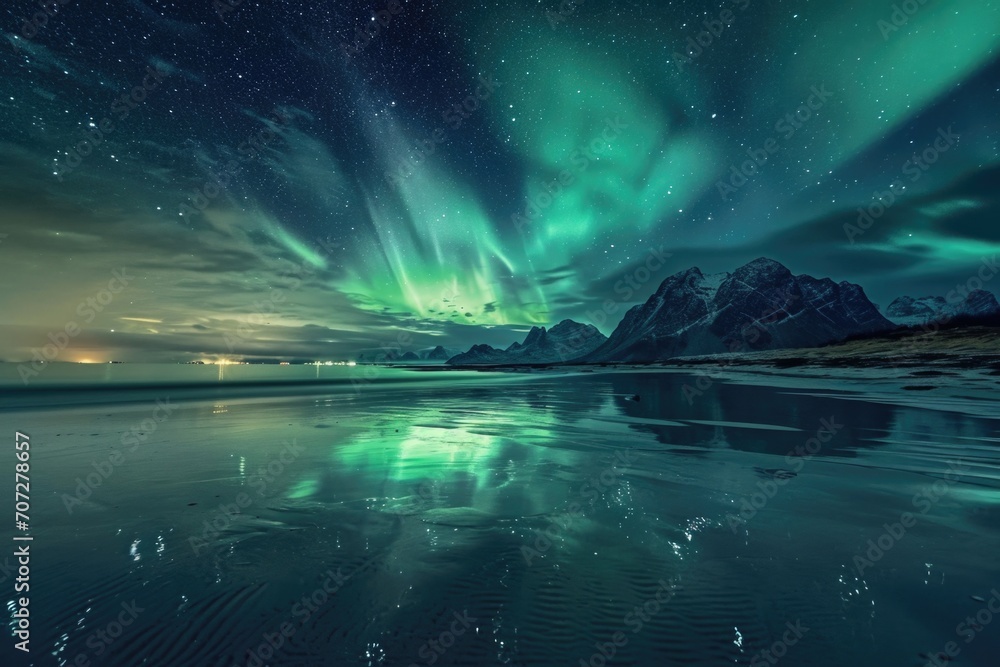 Aurora lights shining brightly in the sky above a beach. Perfect for capturing the beauty of nature and the mesmerizing phenomenon of the Northern Lights.