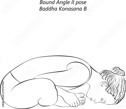 Sketch of woman doing yoga Baddha Konasana B. Bound Angle 2 pose. Extended Bound Angle pose. Intermediate Difficulty. Isolated vector illustration.