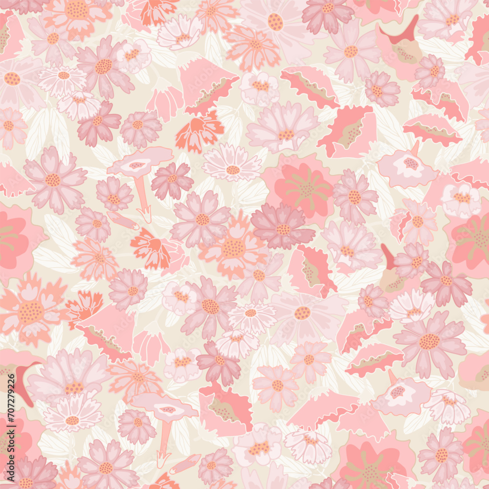 Fresh floral pattern in pastel pink, subtle color variations, pink and peach flowery, allover scattered repeat.