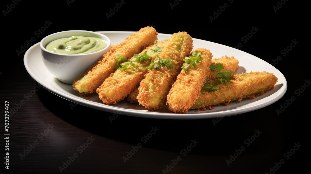 Avocado Fries with Chipotle Dipping Sauce, isolated on a white background, emphasizing the appetizing details, for a visually appealing culinary presentation. Avocado Fries with Chipotle Dipping Sauce, isolated on a white background, emphasizing the appetizing details, for a visually appealing culinary presentation.