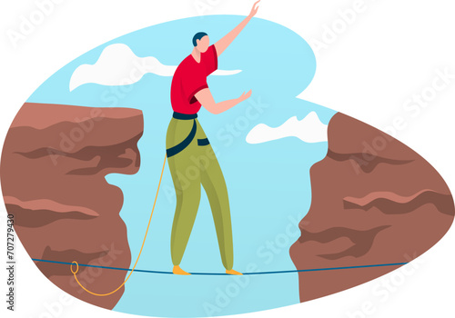 Dangerous sport concept, male character equilibrist walking tightrope, outdoor travel hike cartoon vector illustration, isolated on white. Extreme hobby activity, athletic training.