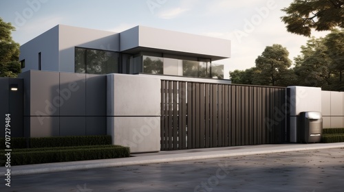 a modern gray high-tech fence surrounding a millionaire's house, in a minimalist modern style, highlighting the sleek design and security features of the fence.