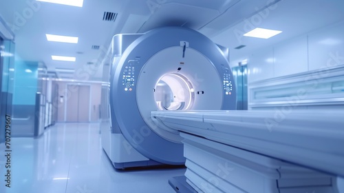A large MRI machine in a hospital room, suitable for medical imaging. Can be used for healthcare and diagnostics purposes