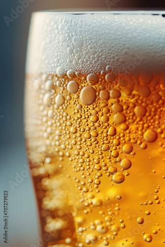 A detailed close-up shot of a glass filled with beer. Perfect for illustrating the refreshing and enticing qualities of this popular beverage