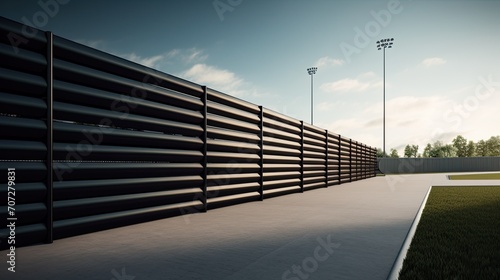 a welded fence made of profile pipe, The pipe is black with gaps between fence elements, which are straight and rectangular, with a sport stadium visible behind the fence.