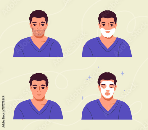 Mens skin care set. Young guy with face masks. Cosmetics and creams. Beauty, elegance and aesthetics. Character with beauty procedure. Cartoon flat vector collection isolated on beige background