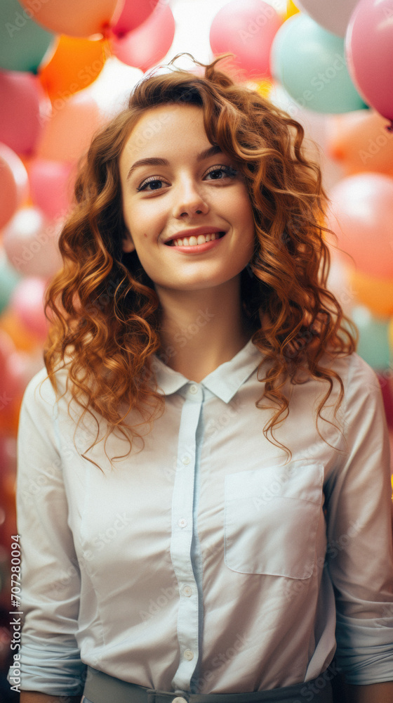 Portrait of a beautiful young red-haired woman with balloons . Portrait of a beautiful young red-haired woman with balloons .