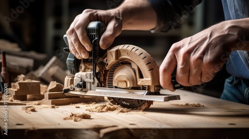 a close-up on the hand of an unknown carpenter working with an electric jigsaw, cutting wood, focusing on the precision and dedication of the woodworking hobby.