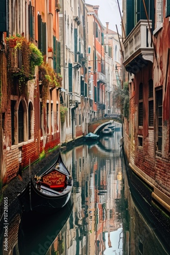 A boat is docked in a narrow canal. This image can be used to depict a peaceful waterfront scene
