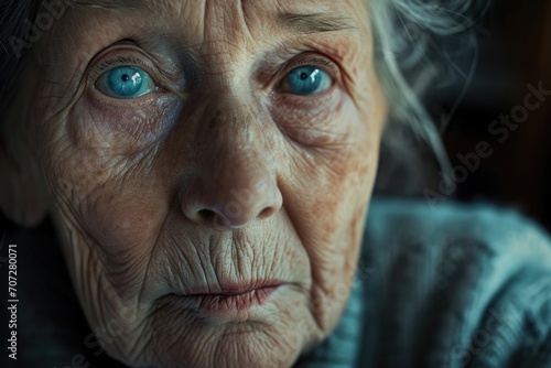A close-up view of a person's blue eyes. This image can be used to convey emotions, beauty, or even in the context of health and medical topics