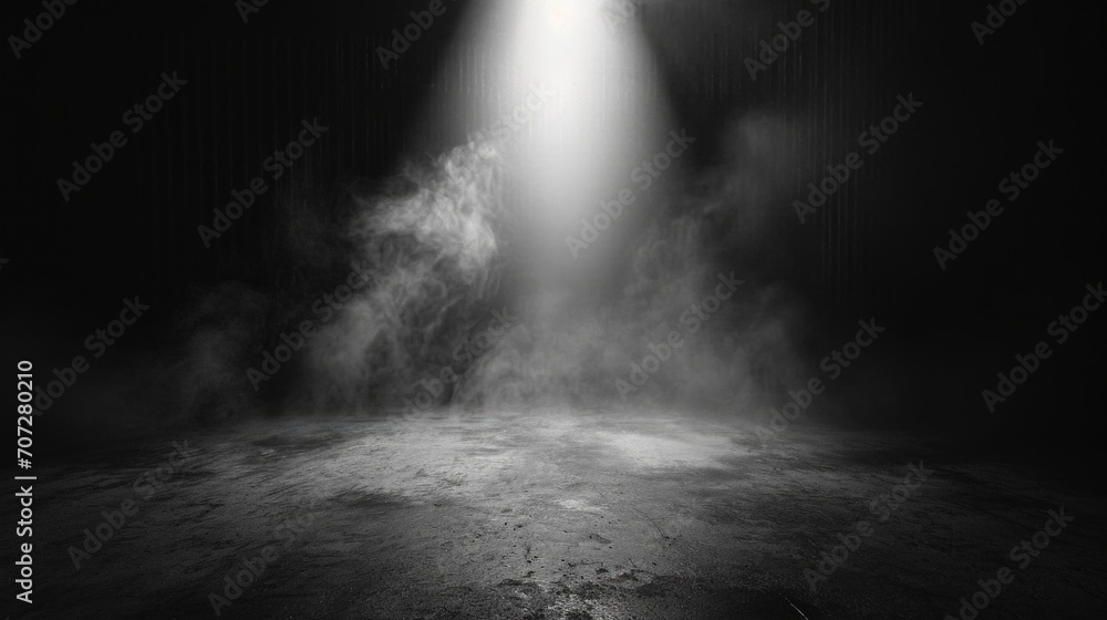 A black and white photo capturing the contrast between a bright light and the darkness of a room. This image can be used to depict illumination, solitude, or introspection - obrazy, fototapety, plakaty 