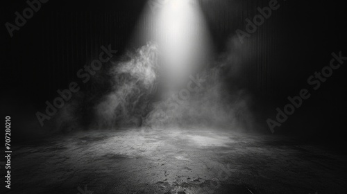 A black and white photo capturing the contrast between a bright light and the darkness of a room. This image can be used to depict illumination, solitude, or introspection