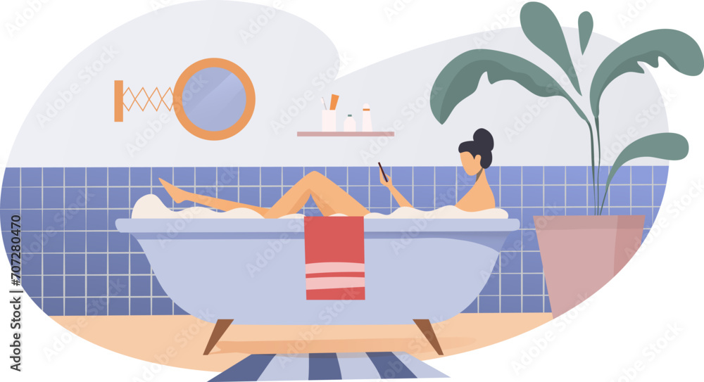 Woman lie bathroom with modern smartphone gadget, female character hold mobile phone cartoon vector illustration, isloated on white. Girl relax in foam bath, cozy design home washroom.