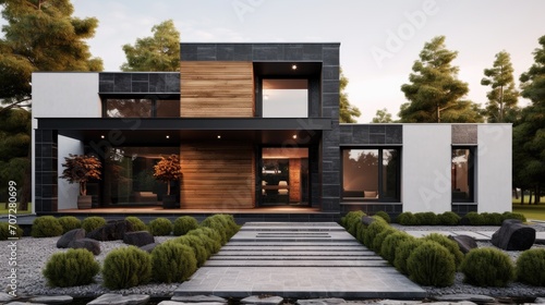 an isolated multi-block villa with frames covered in black tiles, The villa features a wall with gray stone cladding, black and white paint, and wood on the facade.