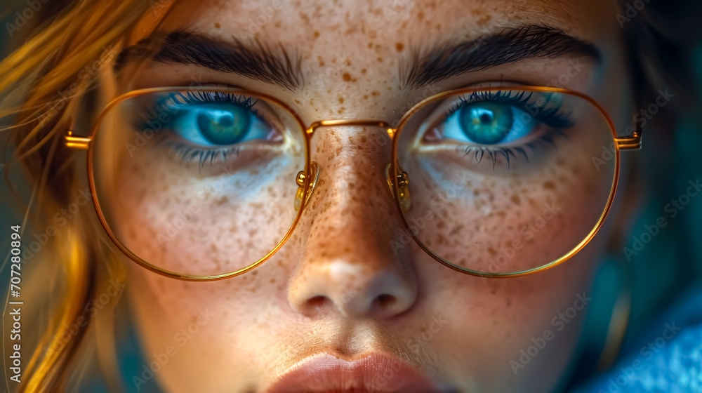 Close-up portrait of a red-haired girl with freckles and glasses. Close-up portrait of a red-haired girl with freckles and glasses.