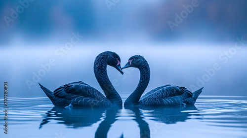 Fototapeta Naklejka Na Ścianę i Meble -  Two swans in love on the lake. Valentine's day concept. The swans face each other and form a heart shape in a lake on a foggy winter morning. Romantic scene. 