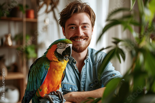 Beautiful orange blue green parrot and its owner a smiling handsome bearded young man in a room full of plants photo