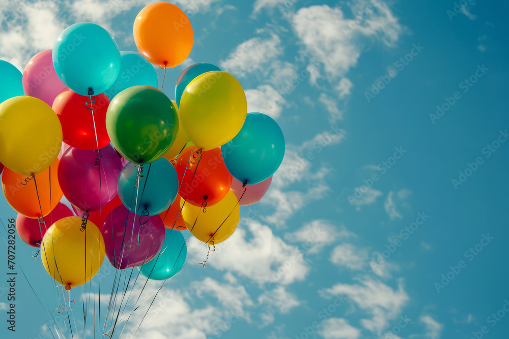 Bunch of colorful helium balloons are floating high up in blue sky. Party and birthday celebration concept Bunch of colorful helium balloons are floating high up in blue sky. Party and birthday celebration concept