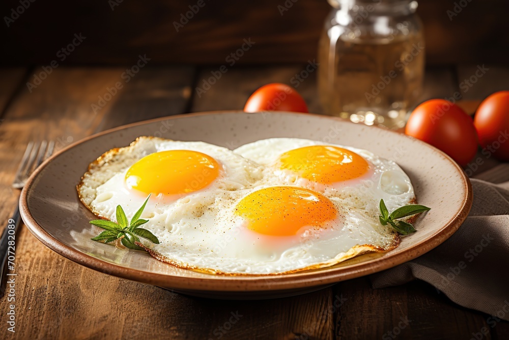 Fried eggs with herbs in plate on wooden background Fried eggs with herbs in plate on wooden background
