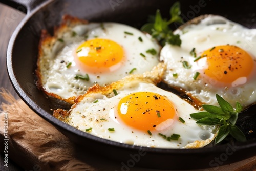 Fried eggs with herbs in pan on wooden background