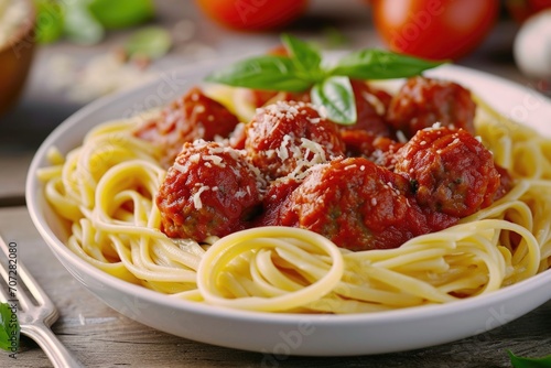A plate of spaghetti topped with meatballs and tomato sauce. Perfect for Italian cuisine or food-related projects