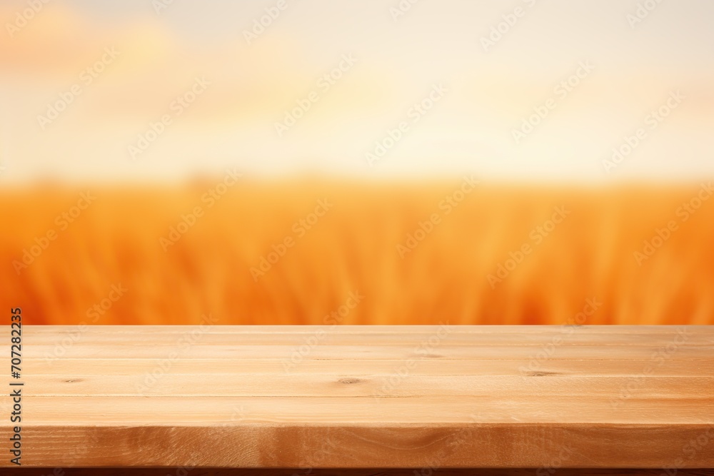 Wooden empty table with blurred wheat field background