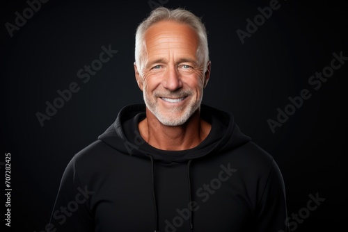 Smiling portrait of a middle aged man on black background photo
